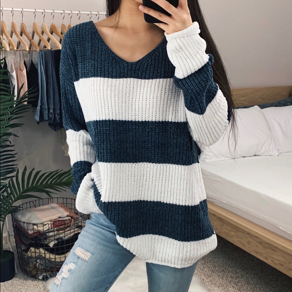 🆕 Madison - Teal + White Striped Sweater - Picture 6 of 8
